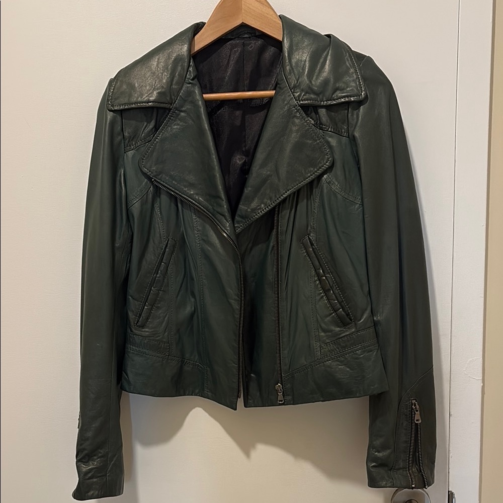 Green Leather Moto Jacket with Asymmetrical Zipper